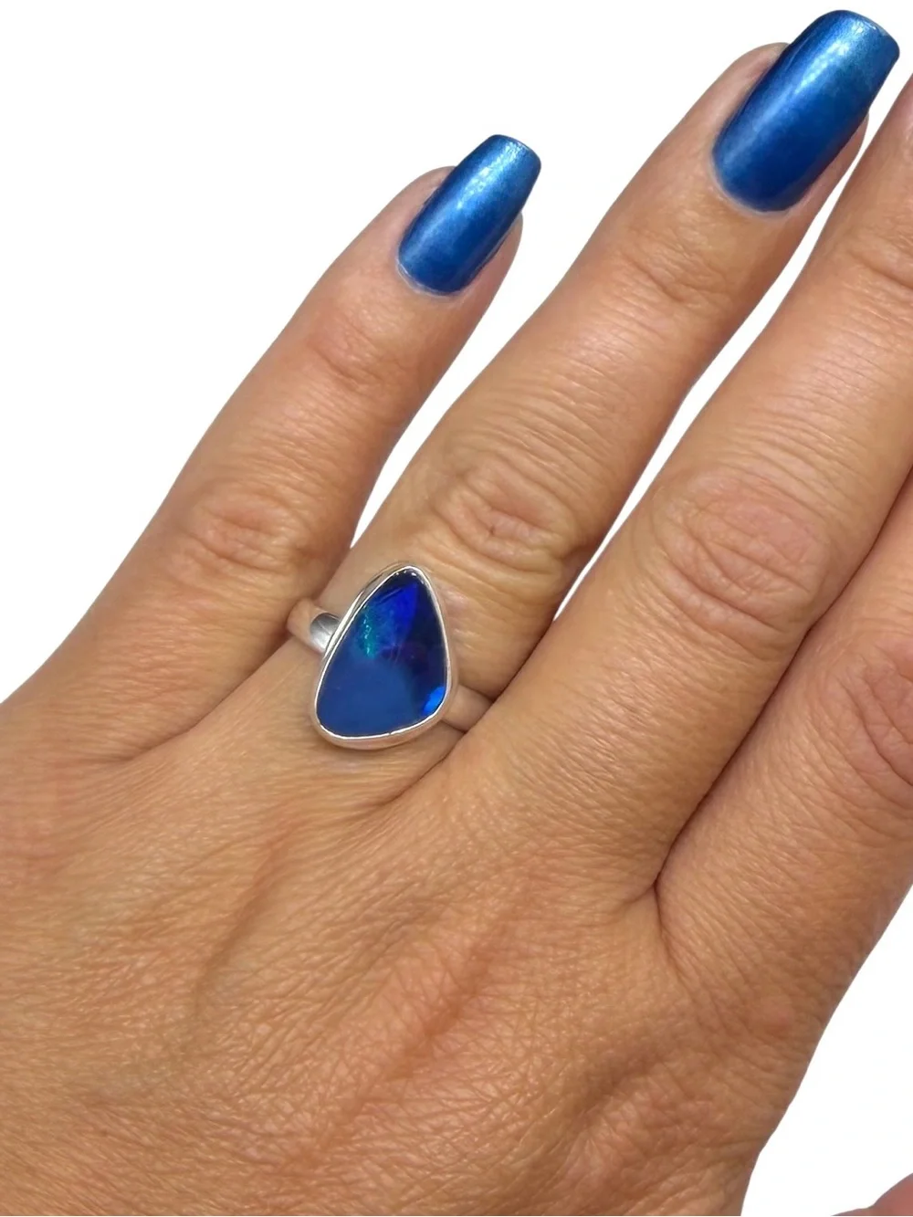 Blue Australian Fire Opal Ring Size 7 Solid 925 Sterling Silver Natural Stone